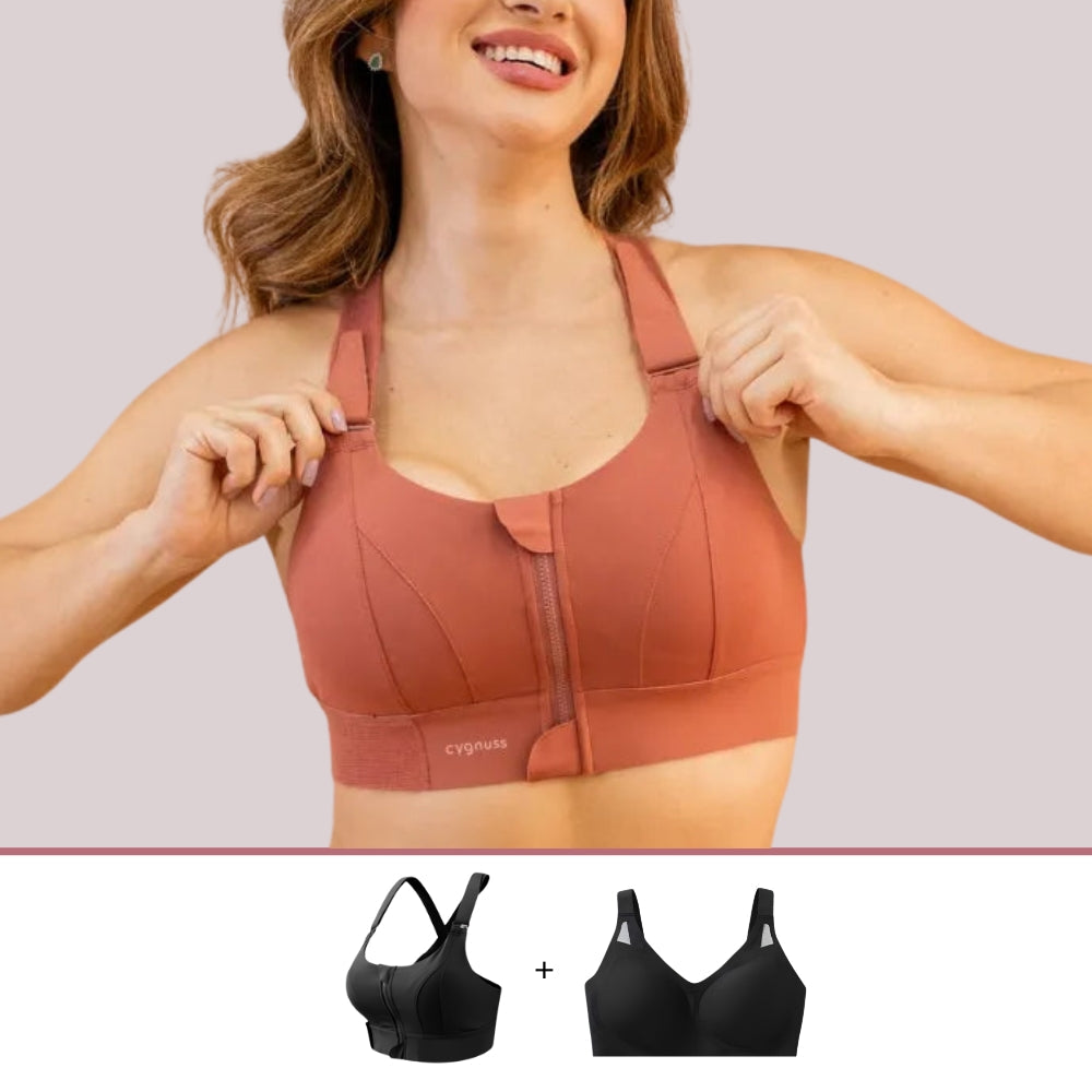 Kit com sutiã esportivo Cygnuss e modelo de alta sustentação. Ideal para academia, treinos ou atividades do dia a dia. Peças de qualidade premium que oferecem firmeza, liberdade e elegância.