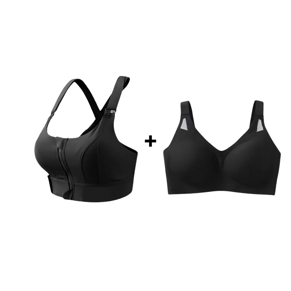 Kit Cygnuss com sutia esportivo preto com zíper frontal e top conforto preto com detalhe em tule nas alças, ideal para treinos e uso diário com sustentação premium.