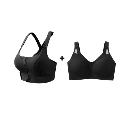 Kit Cygnuss com sutia esportivo preto com zíper frontal e top conforto preto com detalhe em tule nas alças, ideal para treinos e uso diário com sustentação premium.