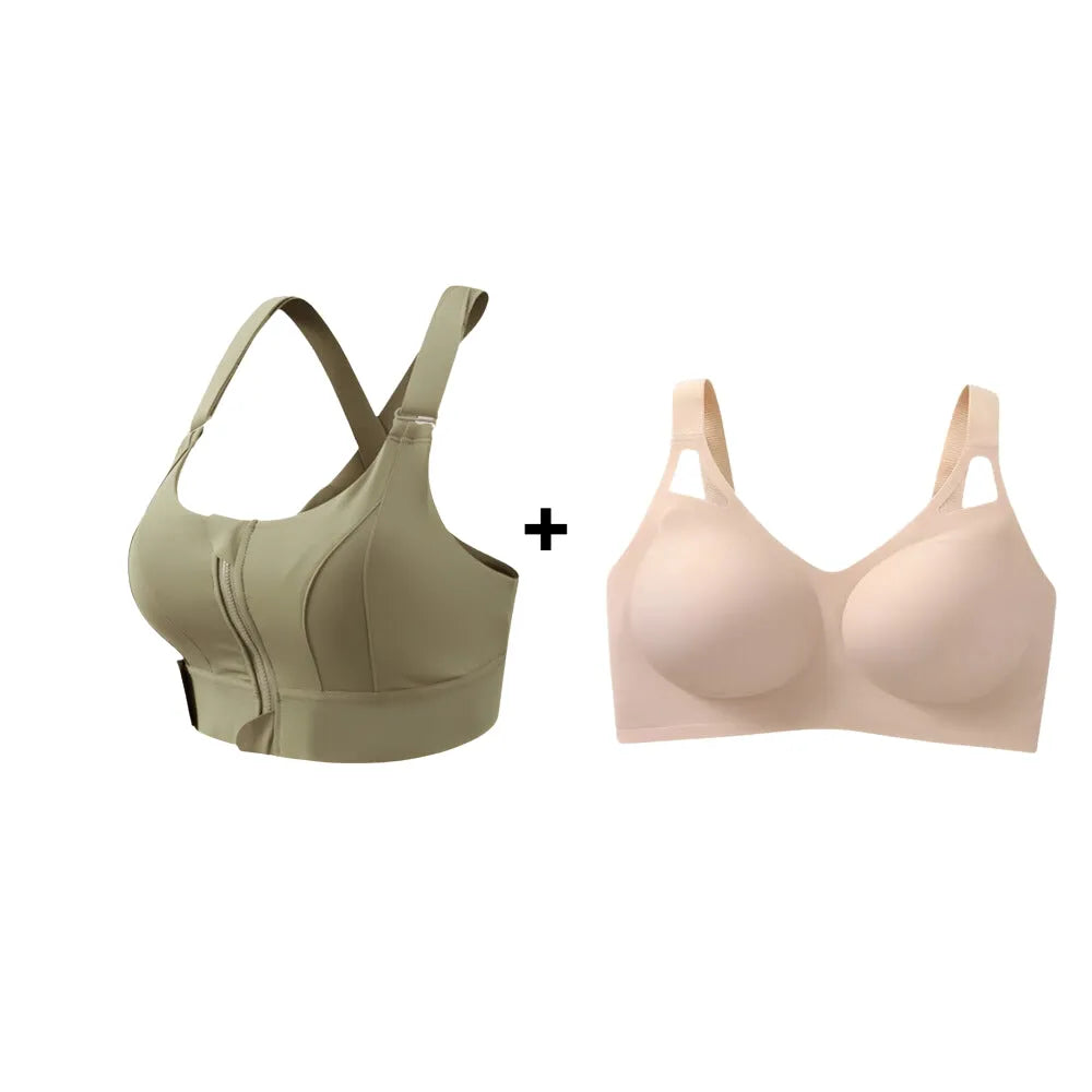 Kit Cygnuss com sutiã esportivo verde musgo com zíper frontal e top bege com alças reforçadas e tule, ideal para treino e uso diário com conforto premium.