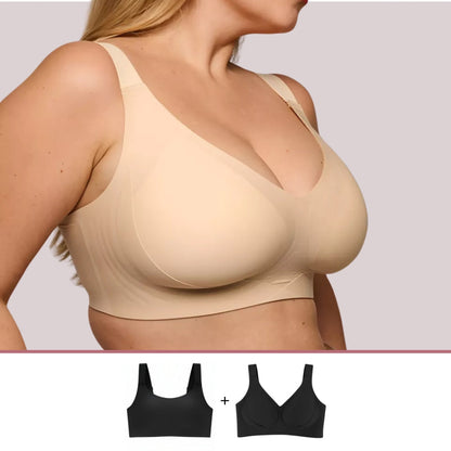 Mulher vestindo sutiã modelador bege com alta sustentação e conforto, acompanhado de miniaturas de dois sutiãs pretos na parte inferior, representando um kit promocional.