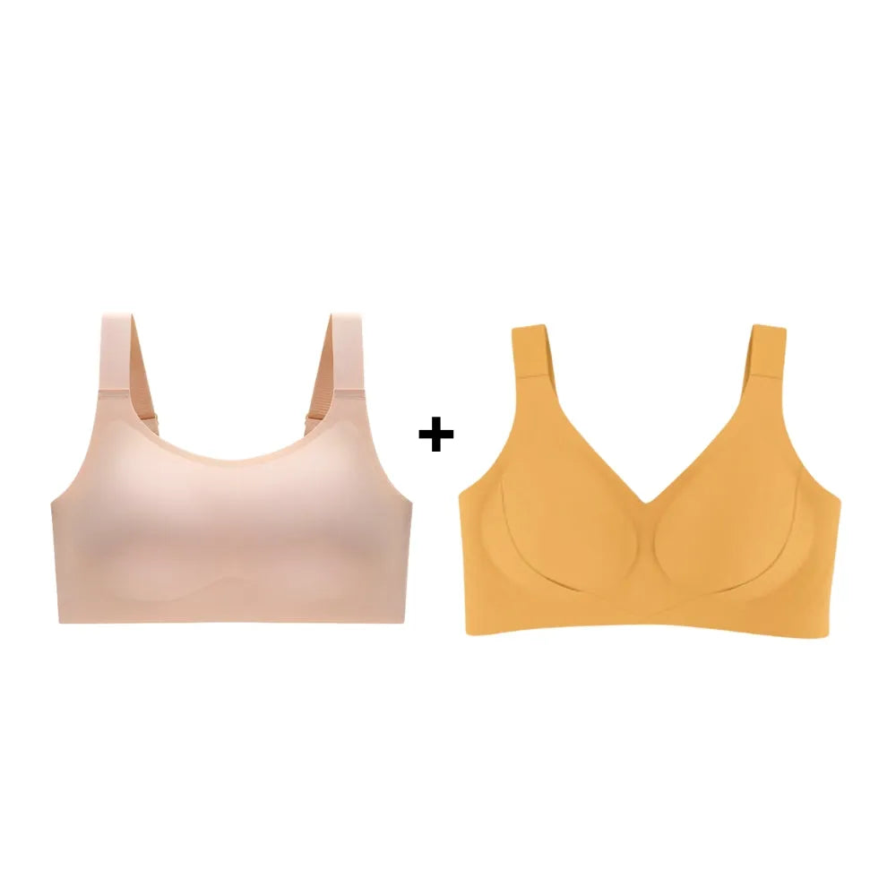 Kit promoção com dois sutiãs modeladores nas cores nude e caramelo, com tecido confortável, alças largas e sustentação ideal para o dia a dia.