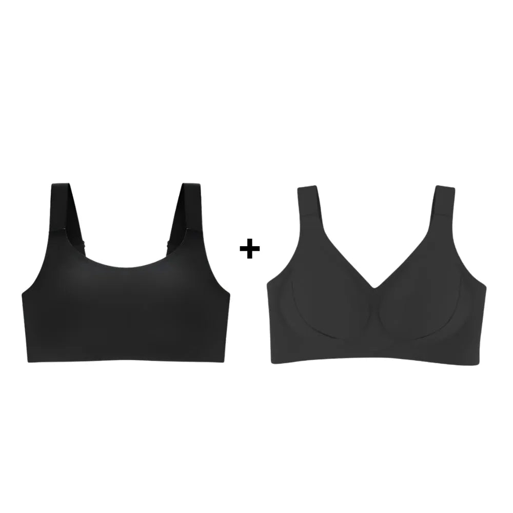 Kit com dois sutiãs modeladores pretos, um com decote reto e outro com decote em V, oferecendo conforto e sustentação em uma única promoção.