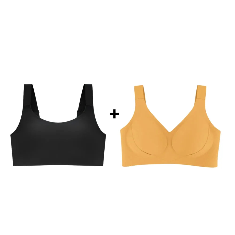 Kit promocional com dois sutiãs modeladores nas cores preto e caramelo, oferecendo conforto, sustentação e toque suave para o dia a dia.