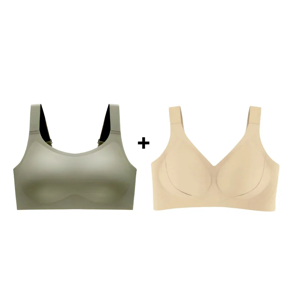 Kit promoção com dois sutiãs modeladores nas cores verde oliva e areia, oferecendo sustentação, conforto e toque moderno para o dia a dia.