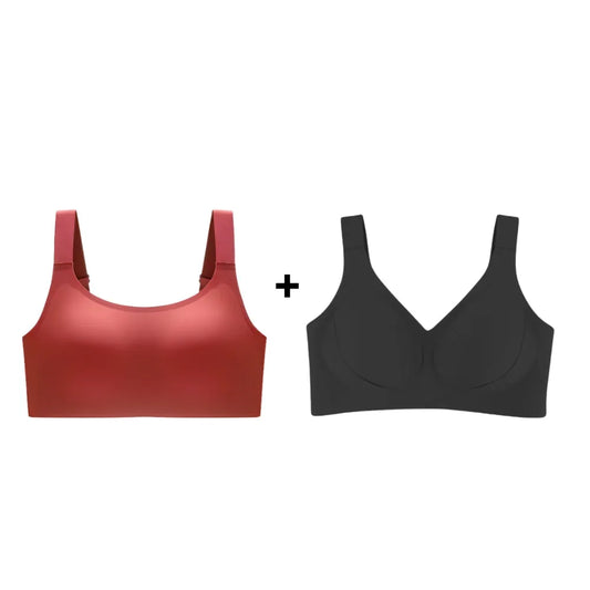 Kit promoção com dois sutiãs modeladores nas cores vermelho e preto, oferecendo sustentação e conforto com design moderno e elegante.