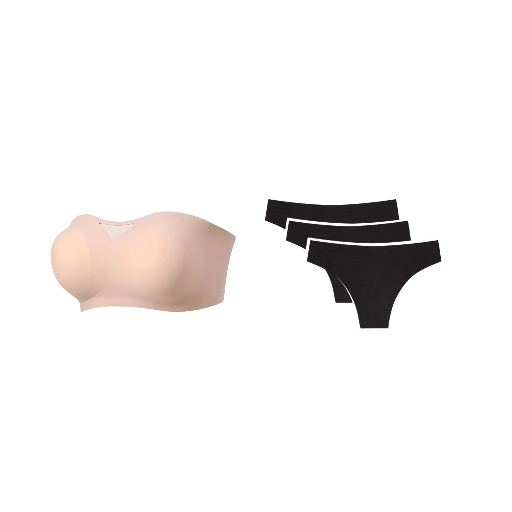 Kit da Cygnuss com sutiã tomara que caia bege e três calcinhas pretas sem costura, ideal para quem busca conforto, praticidade e sofisticação no dia a dia.