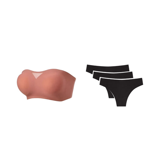 Kit da Cygnuss com sutiã tomara que caia Sensação cor terracota e três calcinhas pretas sem costura, combinação perfeita de conforto e elegância para o dia a dia.