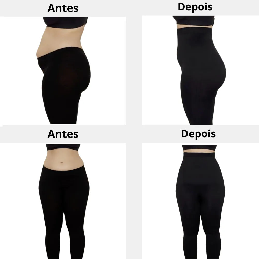 Comparação visual do "antes e depois" usando a Legging Jade Fit Modeladora de Cós Alto na cor preta, mostrando o efeito de modelagem na região abdominal e nas pernas. A imagem destaca o ajuste perfeito do cós alto e a compressão suave da peça.

