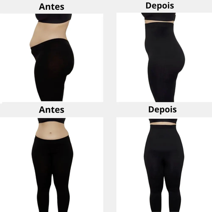 Comparação visual do "antes e depois" usando a Legging Jade Fit Modeladora de Cós Alto na cor preta, mostrando o efeito de modelagem na região abdominal e nas pernas. A imagem destaca o ajuste perfeito do cós alto e a compressão suave da peça.

