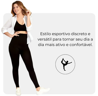 Mulher usando a Legging Jade Fit Modeladora de Cós Alto na cor preta, acompanhada da frase “Estilo esportivo discreto e versátil para tornar seu dia a dia mais ativo e confortável” e ícone de alongamento, em layout promocional.

