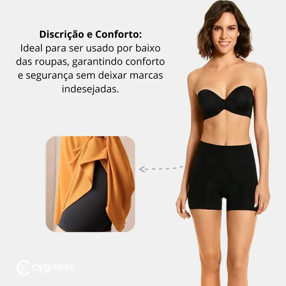 Short modelador Cygnuss preto sendo usado por baixo da roupa, destacando conforto e discrição sem marcar o corpo.