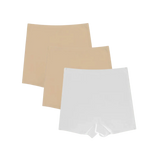Shorts Segunda Pele nas cores bege e branco, com design sem costura, proporcionando um ajuste perfeito e conforto duradouro. Ideal para uso diário, oferecendo discrição sob qualquer roupa.
