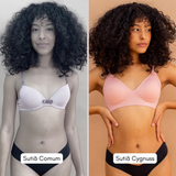 Comparison of woman wearing regular bra and Cygnuss bra with premium features like removable padding and seamless comfort.