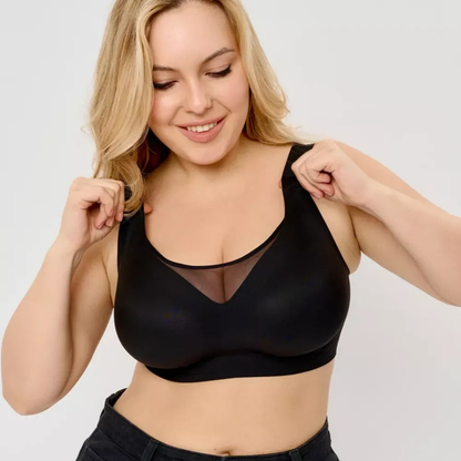 Sutiã preto com tule no decote e alças largas aveludadas, kit perfeito para sustentação e conforto premium em promoção.