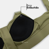 Detalhe do sutiã esportivo Cygnuss na cor verde, destacando o bojo embutido para melhor sustentação e conforto durante o uso.