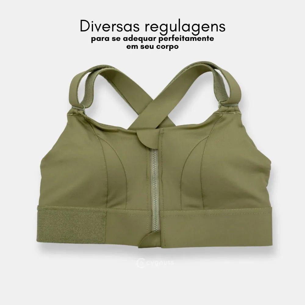 Sutiã esportivo Cygnuss na cor verde com diversas regulagens, incluindo alças ajustáveis e fecho frontal, proporcionando ajuste perfeito e suporte ideal para o corpo