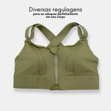 Sutiã esportivo Cygnuss na cor verde com diversas regulagens, incluindo alças ajustáveis e fecho frontal, proporcionando ajuste perfeito e suporte ideal para o corpo