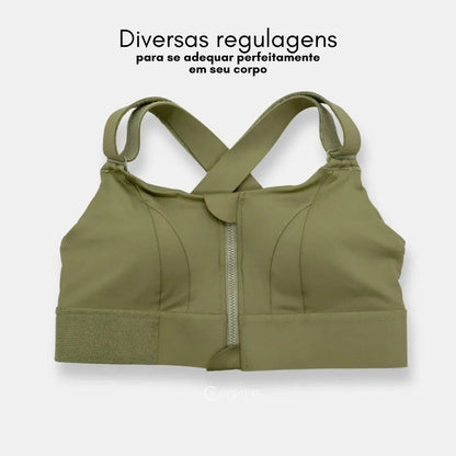 Sutiã esportivo Cygnuss na cor verde com diversas regulagens, incluindo alças ajustáveis e fecho frontal, proporcionando ajuste perfeito e suporte ideal para o corpo