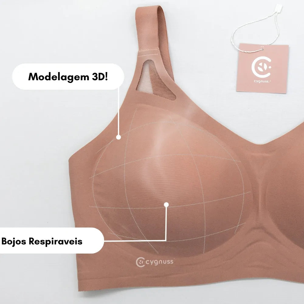 Sutiã Cygnuss com modelagem 3D e bojos respiráveis. Ideal para quem busca conforto e tecnologia de ponta no ajuste ao corpo.