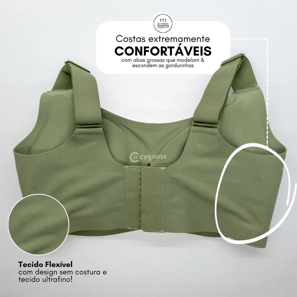 Sutiã premium Cygnuss na cor verde, exibindo costas largas e confortáveis com abas modeladoras que ajudam a esconder gordurinhas. Tecido flexível, sem costura e ultrafino para um ajuste perfeito.
