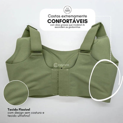 Sutiã premium Cygnuss na cor verde, exibindo costas largas e confortáveis com abas modeladoras que ajudam a esconder gordurinhas. Tecido flexível, sem costura e ultrafino para um ajuste perfeito.