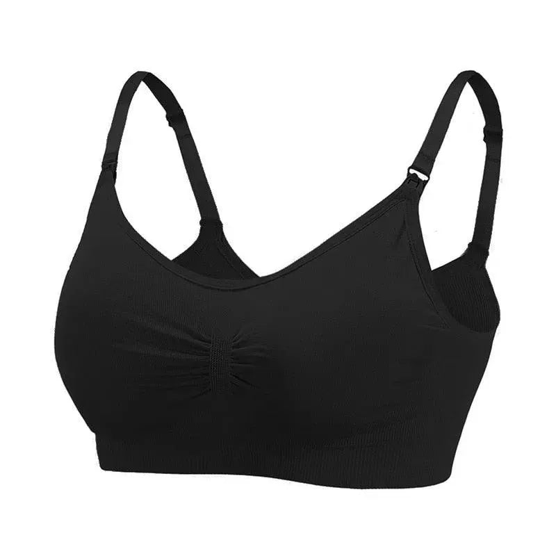 Sutiã Amamentação sem Bojo preto da collab Cygnuss x Lupo fotografado em fundo branco. Modelo com alças finas ajustáveis, clipes de abertura para amamentação, tecido canelado e franzido central que garante melhor ajuste ao busto